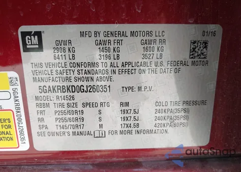 2016 Buick Enclave Leather z USA, uszkodzony, nr VIN 5GAKRBKD0GJ260351